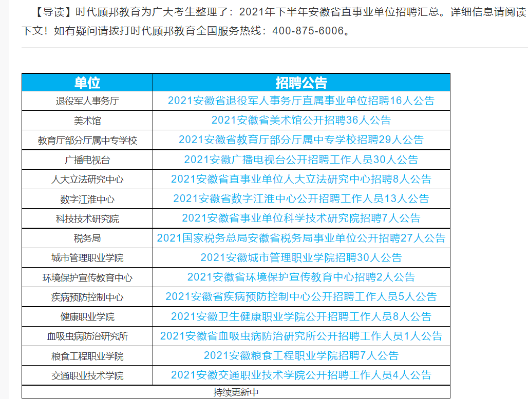 安徽事业单位下半年招聘 